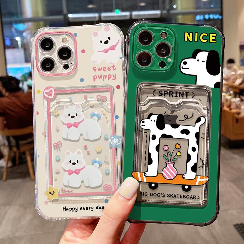 Transparent Card Slot Bag Holder Phone Case For iPhone 13 15 16 11 12 14 Pro Max XR XS X 7 8 Plus SE  Cartoon Cute Dog Cover