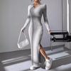 Rochie tricotată subțire cu rever cu mânecă lungă Fusta strânsă de culoare uni