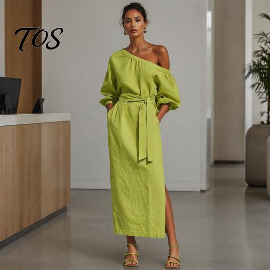 Women Long Dress One Shoulder Dress, Solid Color Tie Waist Side Split Casual Summer Dresses Party Sleeve Maxi for Everyday Wear