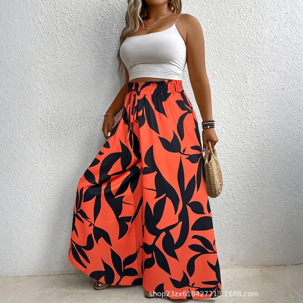 Women’s Loose Fit Printed Wide Leg Palazzo Pants with Elastic Waistband and Flowing Skirt Style Comfortable Design