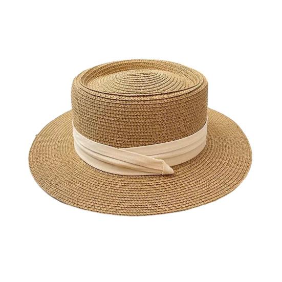 Flat Straw Hat Natural Straw Weaving Wide Brim Sun Hat Summer Beach Sun Protection Hat with Ribbon Bow