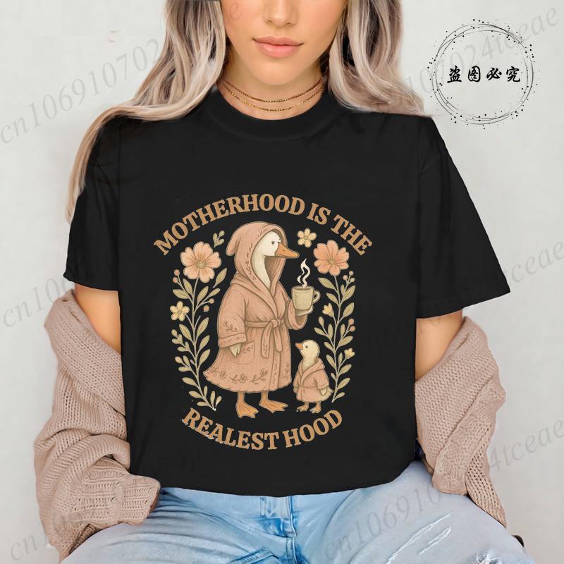 Funny Mom Shirt,Mom Goose T-Shirts,Motherhood Is The Realest Hood Tee, Mom Gift,Boho Retro Mama Women's Shirt T-Shirts Tops
