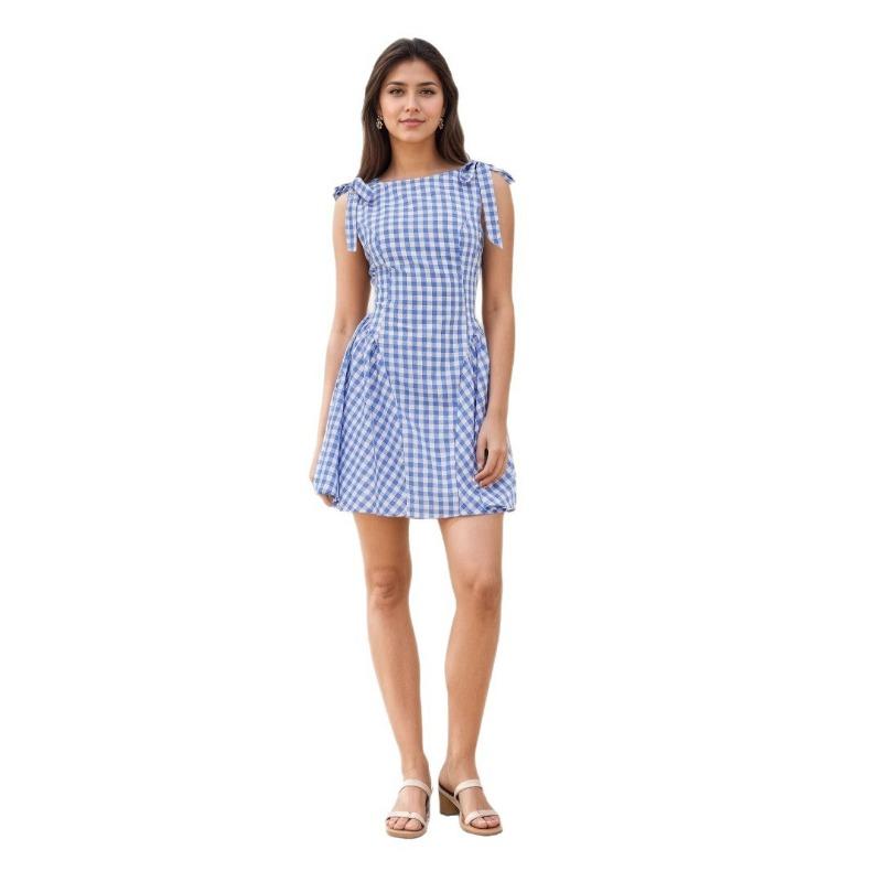 A Women's Fashionable and Elegant Checkered Striped Strappy Dress
