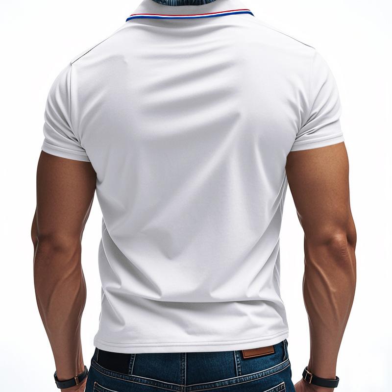 Men Striped Trim Collar Short Sleeve Polo Shirt Two Button Solid Slim Fit Casual Top