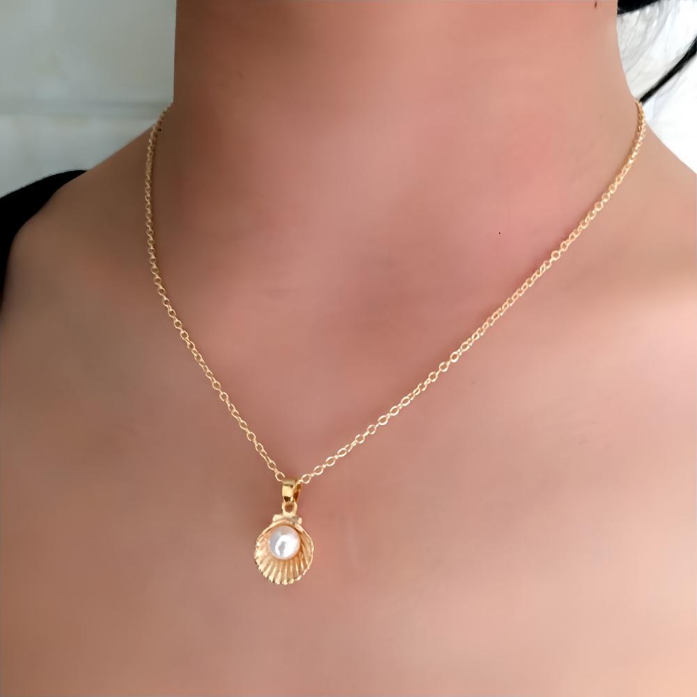 Imitation Pearl Shell Pendant Necklace Women's Ocean Series Style Elegant Short Clavicle Chain Necklace