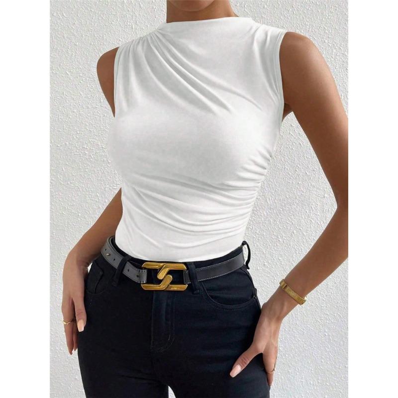 Women's Spring and Summer Fashion Versatile Solid Colour Pleated Half High Neck T-shirt