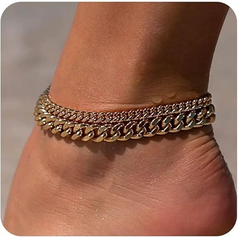 

Classic Simple Double-layered Stacked Thick Thin Cuban Chain Anklets for Women Men Daily Fashion Foot Chain Accessories Jewelry золотой