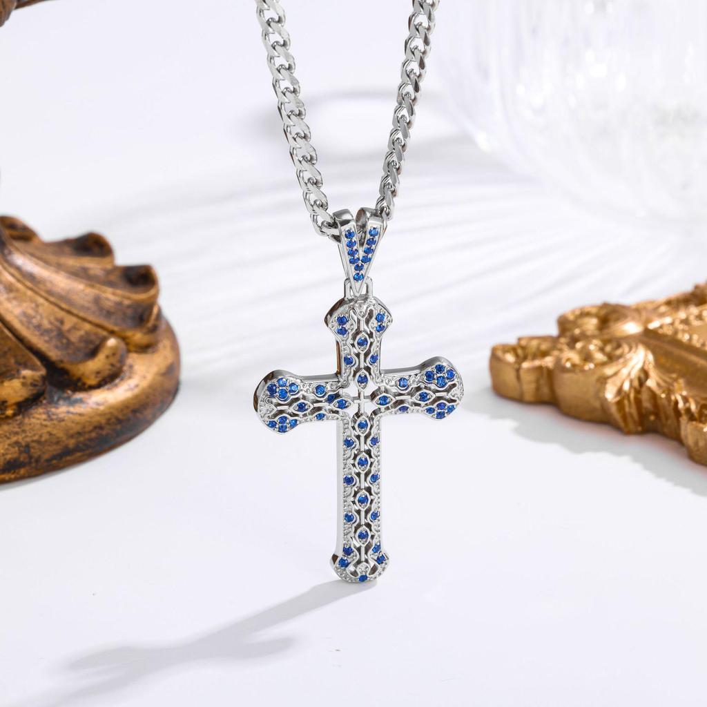 Trendy Hollow Inlaid Diamond Gold Cross Necklace, Non-Fading Titanium Steel, Unisex Hip-Hop Choker.
