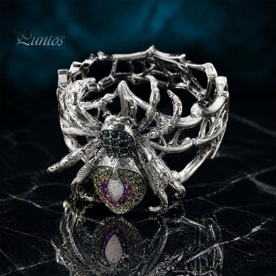 Dainty Alloy Wrist Decor Vintage Rhinestone Spider Bracelet, Gothic Punk Adjustable Stretch Bangle Style for Men Women, Mysterious Halloween