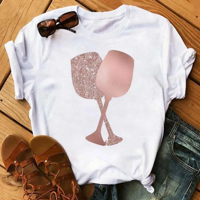 Funny Wine Glass Print T-Shirt Women's Round Neck Short Sleeve T-Shirt Casual Women's Camisole Fashion