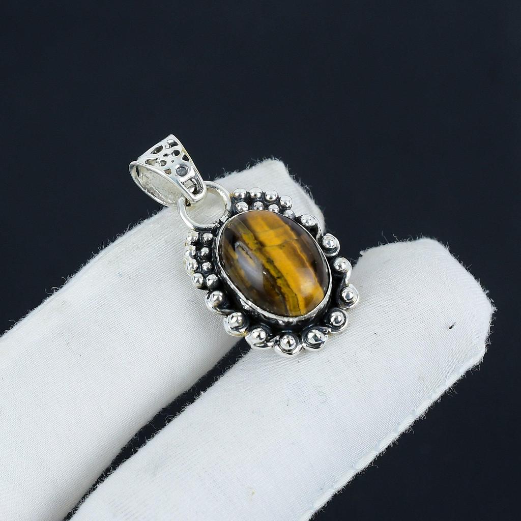 Natural Tiger Eye Gemstone Silver Pendant in 925 Sterling Silver- Handmade Design, Everyday Wear Jewelry, Unique Pendant Party Wear Gift