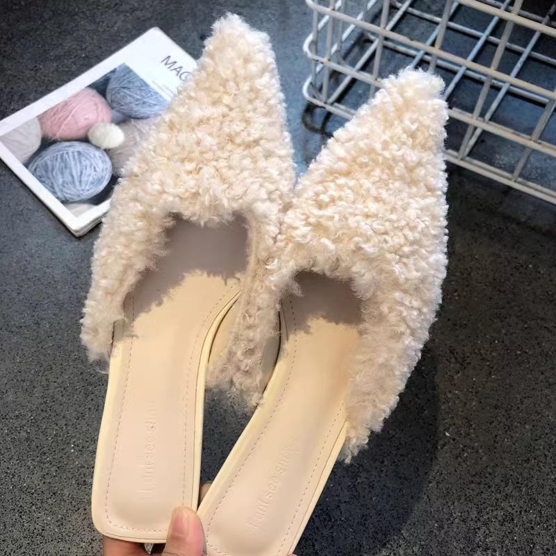 Fashion Slippers Casual Shoes Woman Pink Slides Shallow Butterfly-Knot Med Cover Toe Fur Flip Flops Pantofle Luxury Plush New Butte