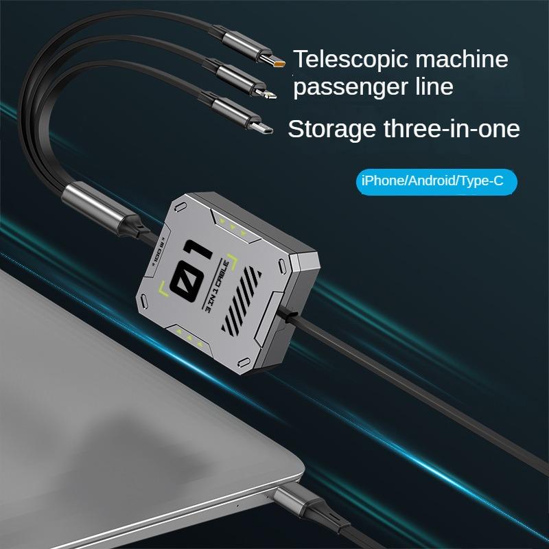 3 in 1 Multi Retractable USB Phone 100W Fast Charging and Data Cable for Lightning/Android/Type-C Devices