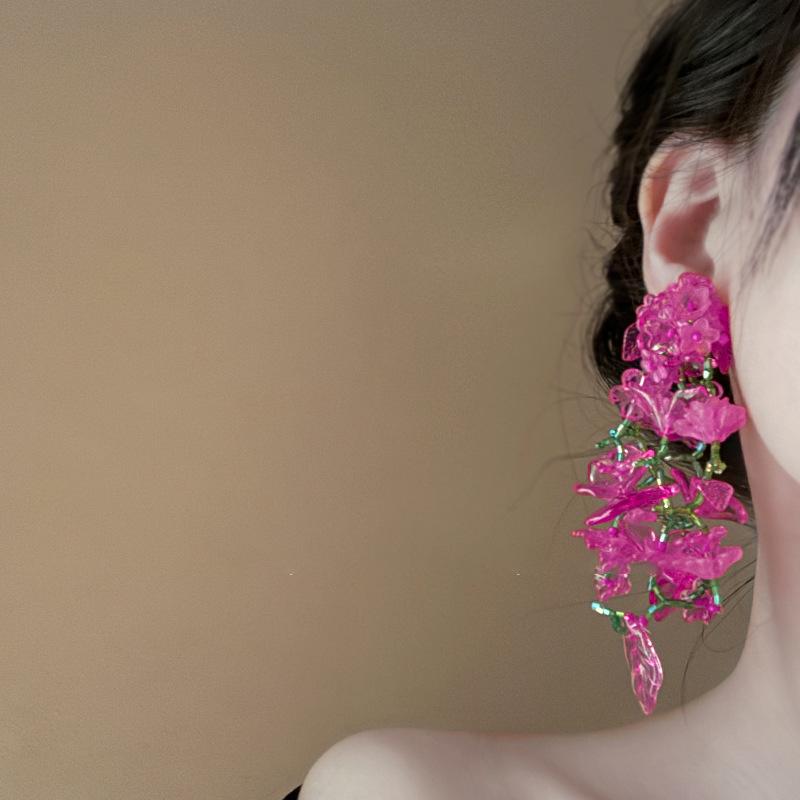 Pink acrylic glass beads flower fringed earrings fashionable fresh studs sweet versatile earrings