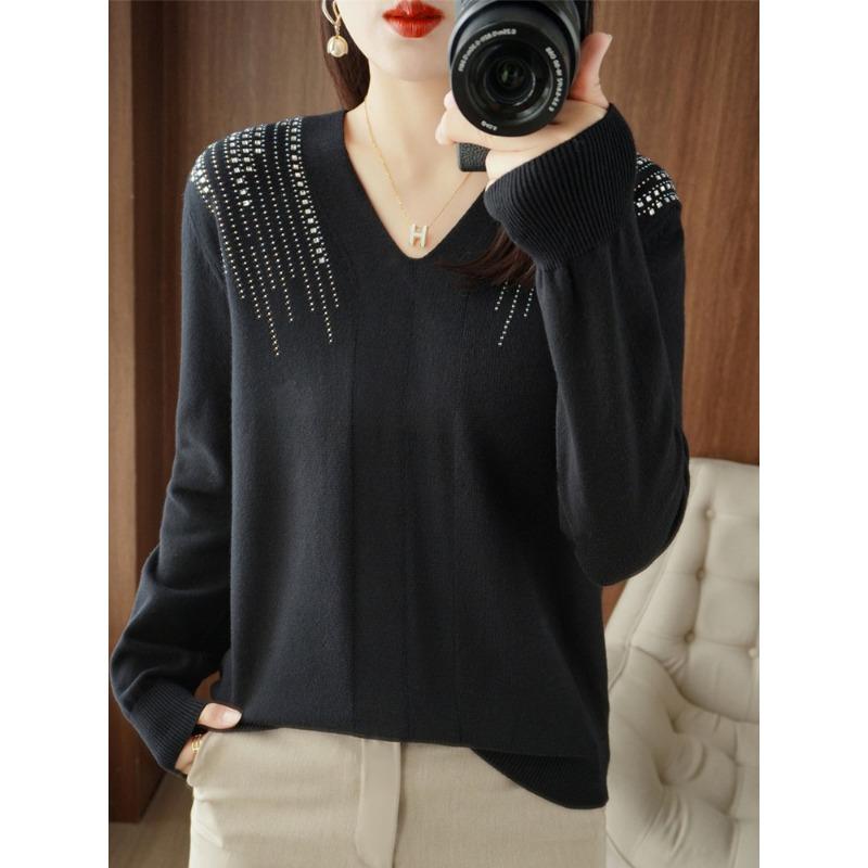 

Летний новый трикотажный свитер с V-образным вырезом и открытыми плечами, украшенный горячими бриллиантами, женский однотонный, свободного кроя, с темпераментом, универсальный топ с длинными рукавами XXL чёрный