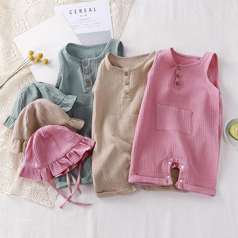 Tutina estiva per neonato in mussola con cappello in morbido cotone per bambina, ragazzo, vestiti senza maniche, pagliaccetto per bambini, abbigliamento per neonato