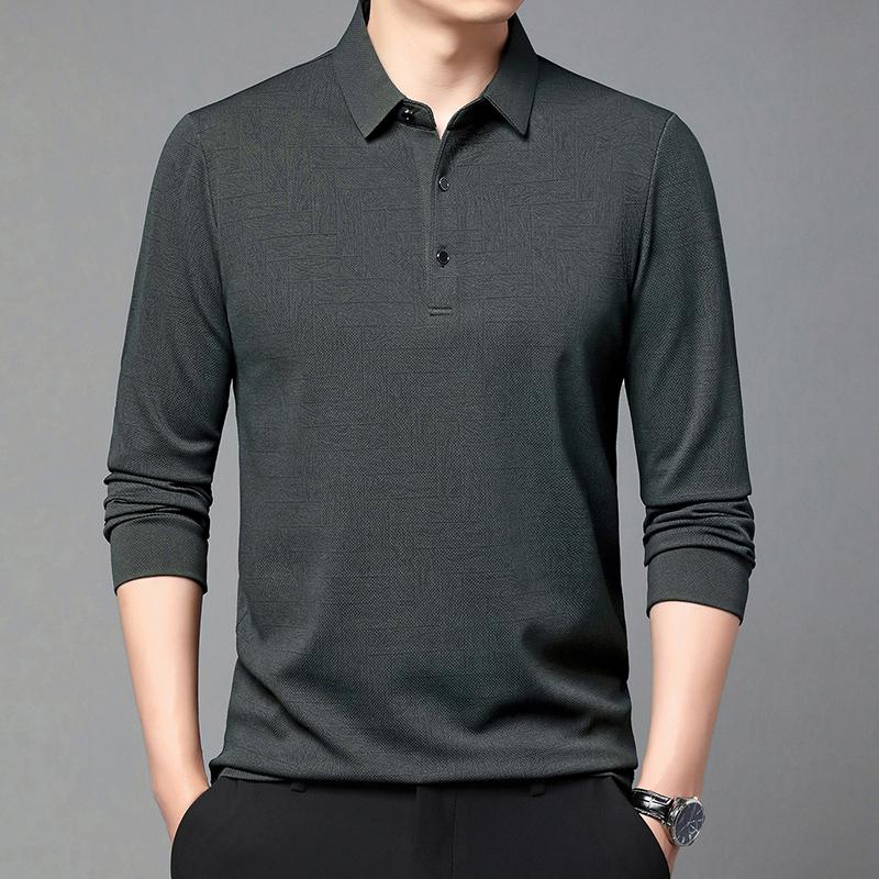 Spring Autumn Polo Shirts Men Business Casual Elastic Polos Solid Color Print Long Sleeve Tees