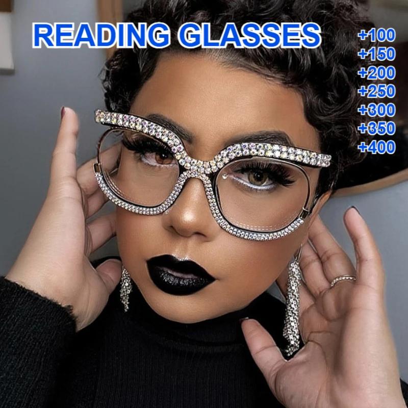 Fashion Cat Eye Reading Glasses with Rhinestone Embellishments - Suitable for Presbyopia From +1.0 To +4.0 Diopters