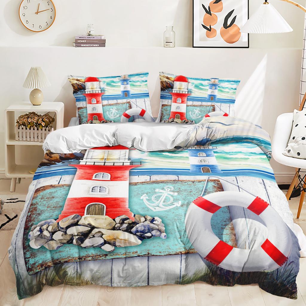 Ship Lighthouse Car 3D Digital Printing Pattern Duvet Cover Pillowcase Bedroom Bedding Three-piece Set