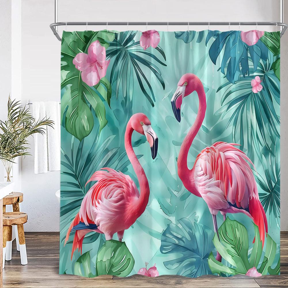 Flamingo Shower Curtain Set Pink Bird Tropical Leaf Rainforest Jungle Bathroom Decor Spring Summer Bath Mat Toilet Lid Cover