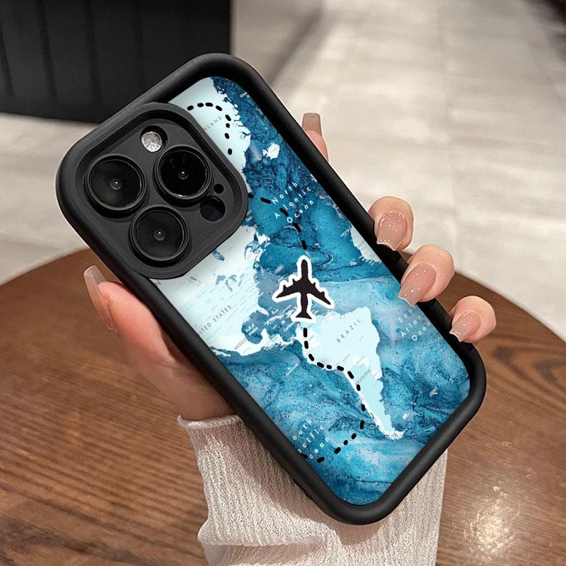 Wanderlust World Map Travel Route Art Phone Case for iPhone 17 16 15 14 13 12 11 Series Pro Max Plus Double Layer Protection