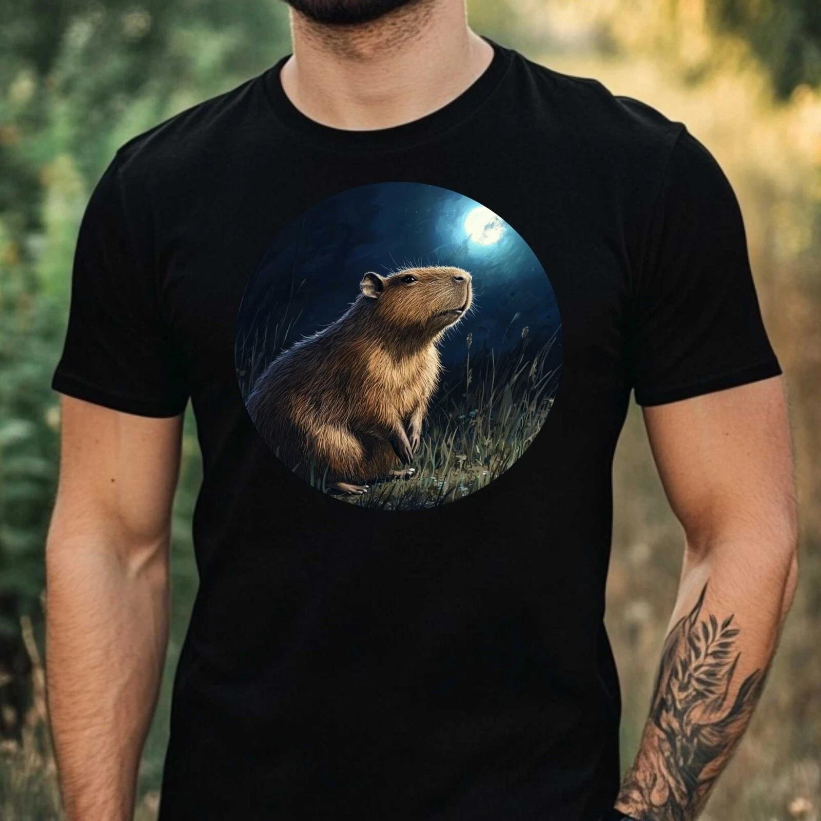 T-Shirt Herren Capybara im Mondlicht Motiv Baumwolle Größe XS bis 5XL L
