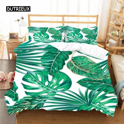 Juego de funda nórdica de hojas, tamaño Queen, juego de cama con tema de hojas tropicales hawaianas, funda de edredón King de microfibra con ramas de hojas verdes, juego de tres piezas