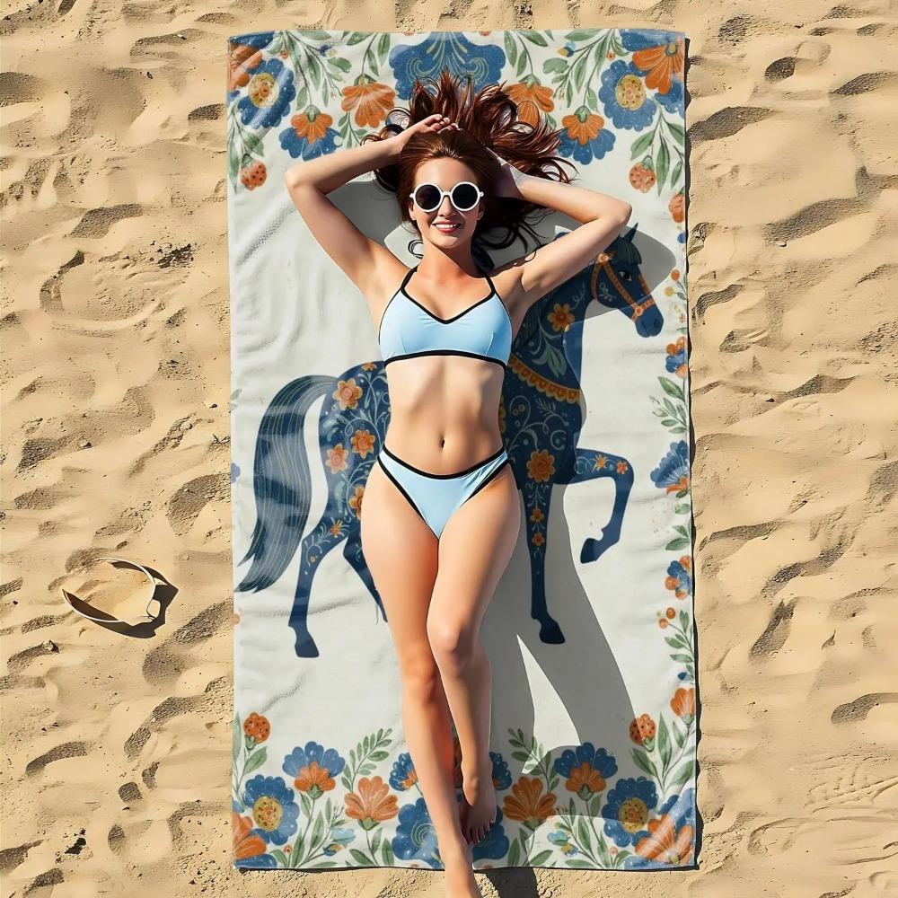 Creative Animal Floral Print Beach Towel, White Horse Deer Bear Pattern Quick Dry Bath Towel, Bohemian Soft Travel Blanket