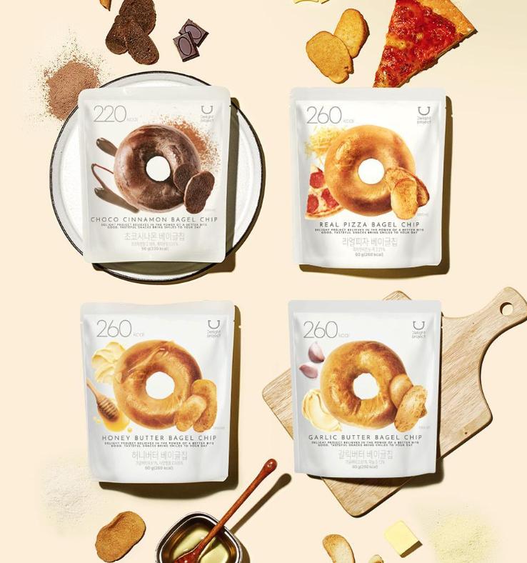 Delight Project Bagel Chips 7 Flavors – Garlic Butter, Honey Butter, Choco Cinnamon, Real Pizza, Apple Coco Soboro, Corn Soup, Cream Soup