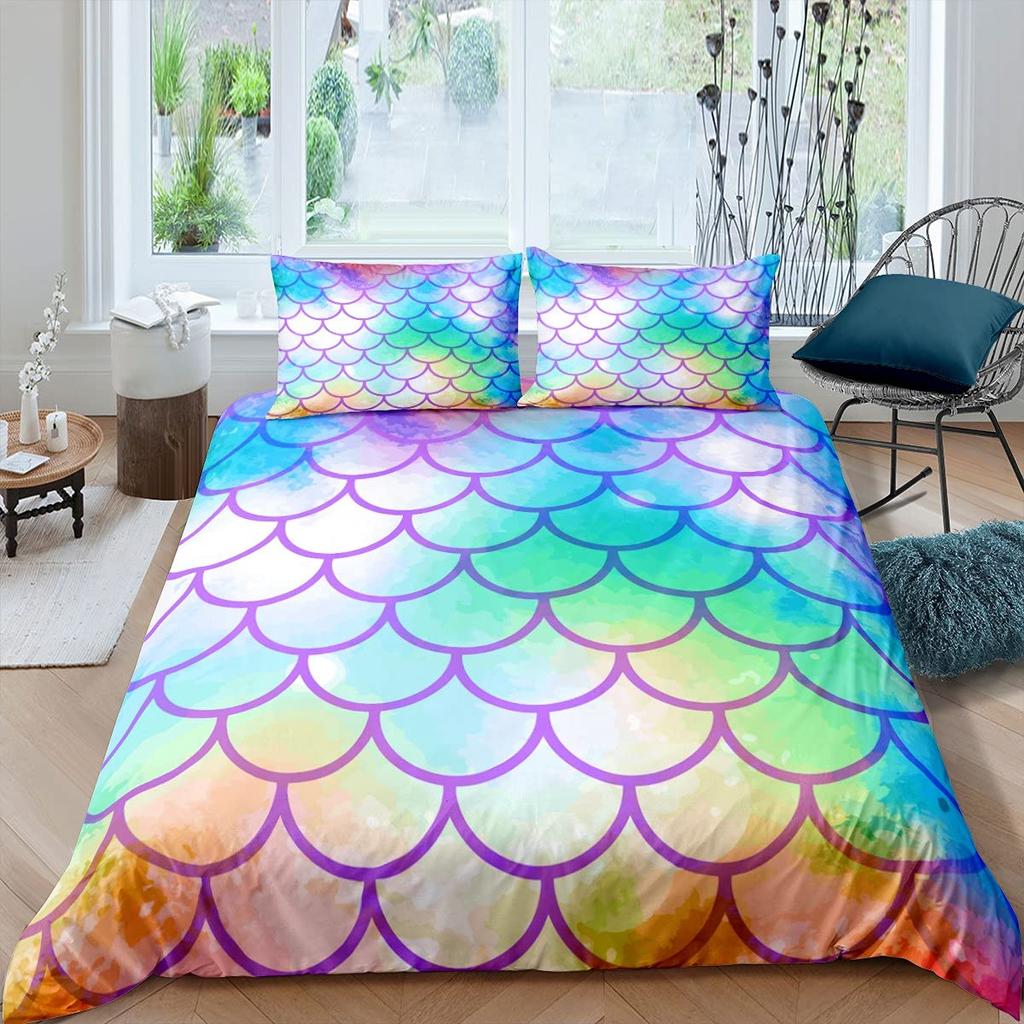 Fish Scales Duvet Cover Set Bedding Set Colorful Mermaid Scale Quilt Cover Pillowcase Queen Size Girls 2/3pcs Comforter Cover