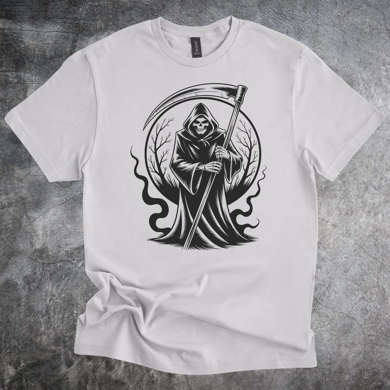 Grim Reaper Scythe Graphic Shirt Dark Art Skeleton Design Tshirt 140