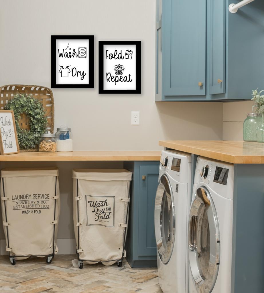 Inkdotpot 2 Piece Laundry Signs for Laundry Room Decor Wash Dry Fold Repeat Poster With Frame, Laundry Room Wall Art Signs Framed