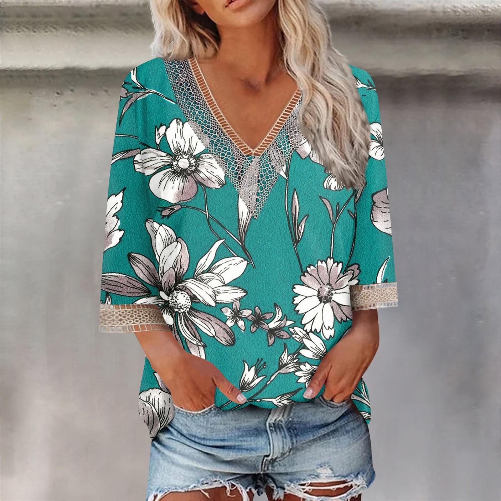 

Женская блузка, повседневная, свободная, с рукавами 3/4, с кружевной отделкой, с принтом, V-образным вырезом, принтом, топы, футболки XXL