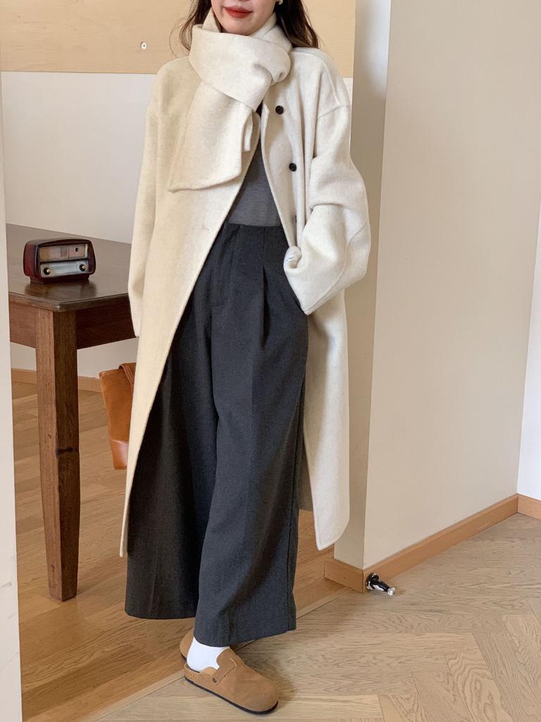 Loose version H version with scarf Loose double-sided wool coat, long thickened warm simple woolen coat
