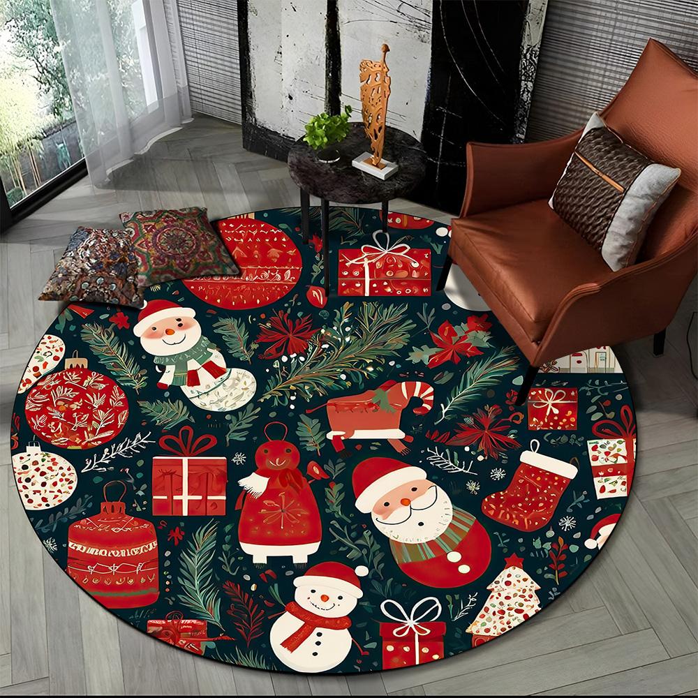 Cartoon Santa Claus Merry Christmas Snowman New Year Round Carpet Rug for Bedroom Living Room Sofa Decoration,Decor Floor Mat