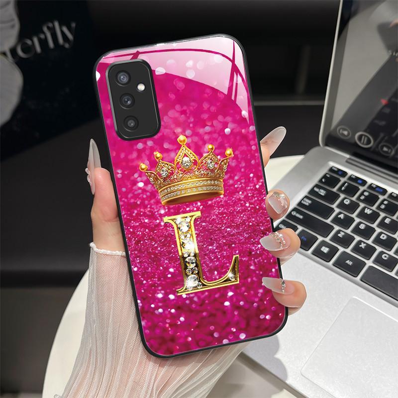 For Samsung M52 5G Case Galaxy M14 SM-M526B SM-M146B Phone Case ShockProof Fashion Initial Letter Hard Tempered Glass Back Cover