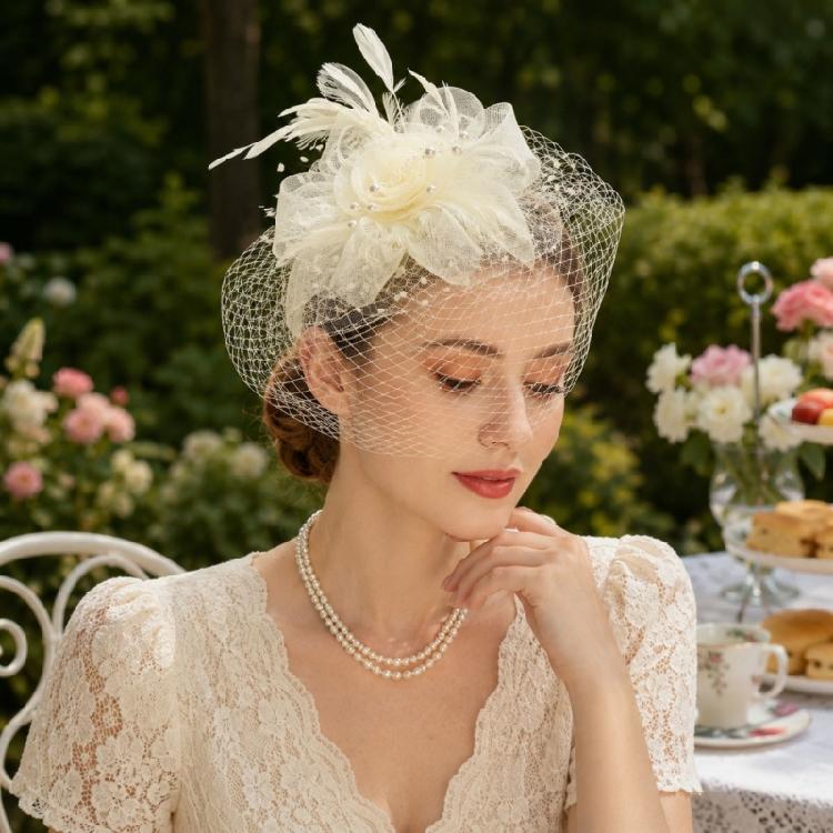 Women's Formal Fascinator Headpiece with Mesh Net Feather Detail Tea Party Styling for Wedding Guest Looks and Parties