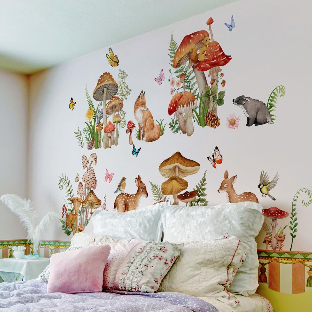 Cartoon Elk Deer Fox Mushroom Butterfly Wall Stickers for Kids Room Mural Art Decal Bedroom Deocration Animal Wallpaper