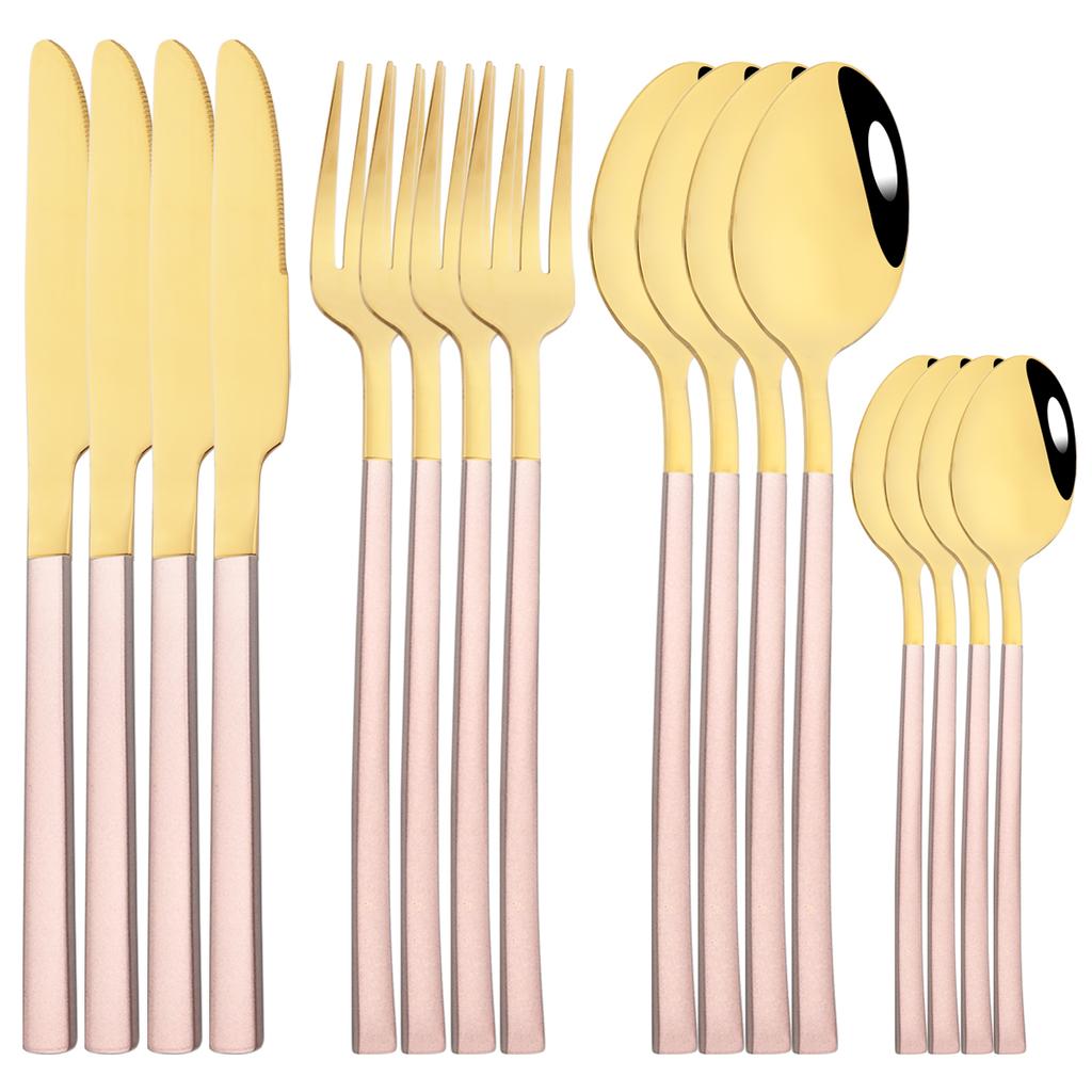 16Pcs Rose Gold Dinnerware Set Knife Fork Coffee Tea Spoon Cutlery Set Stainless Steel Tableware Western Home Kitchen Flatware