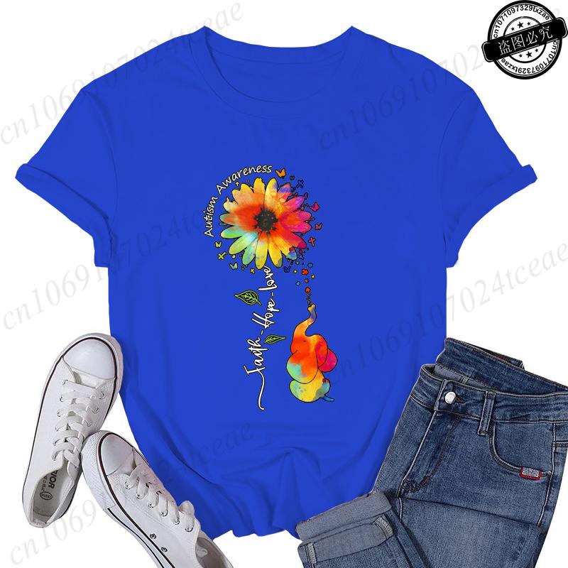 Autism Awareness TShirt for Women Clothing Sunflower Elephant Printed TShirts Short Sleeve Tees Autism Support Squad Tshirt S