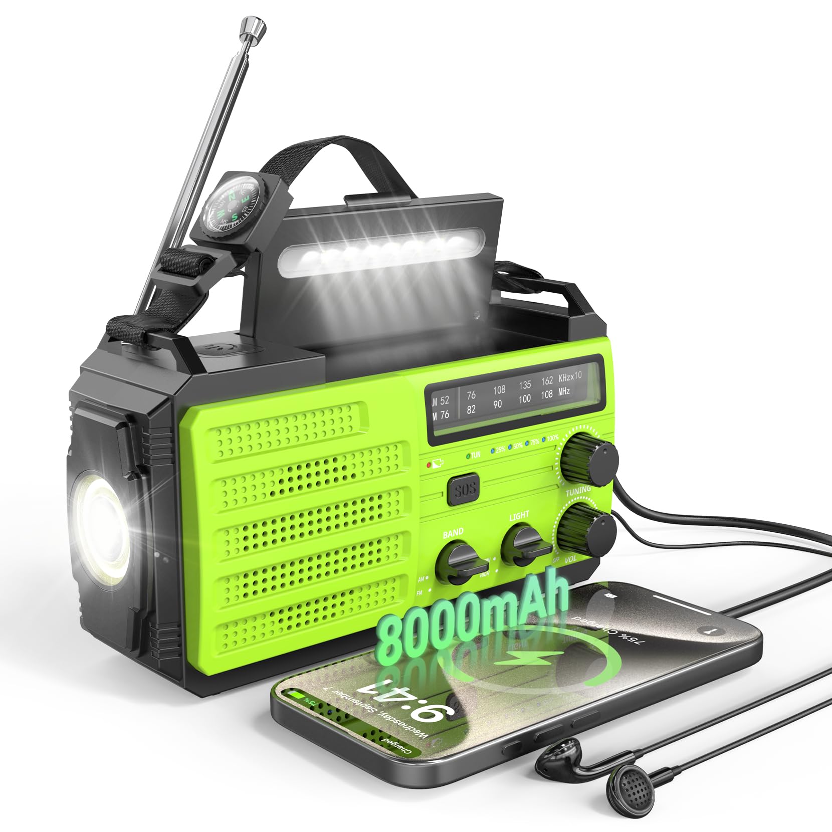 

[METI Registered 8000mAH] Dripex Multi-Function Emergency Radio with Battery Level Display, AMFM Compatible, Solar Powered, Hand Crank, USB Charging,