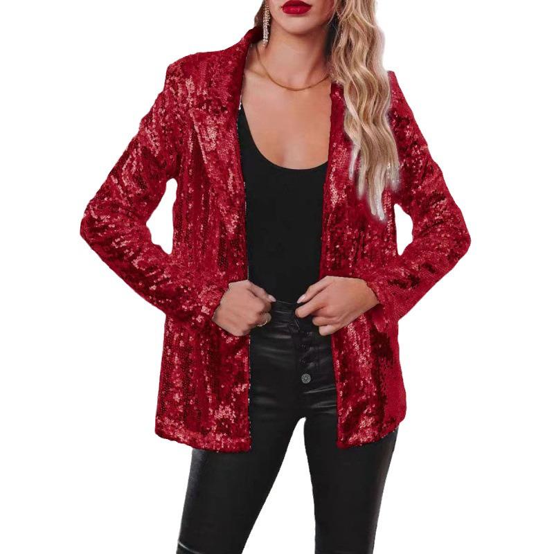 Women's European & American Style Sequined Lapel Cardigan Blazer