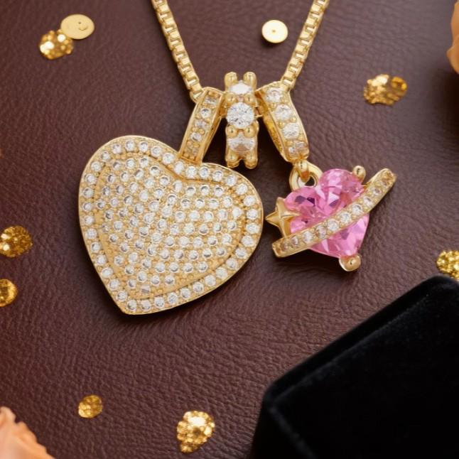 Heart-shaped Zircon Inlaid Copper Necklace with Full Diamond Pendant - Hip Hop Style
