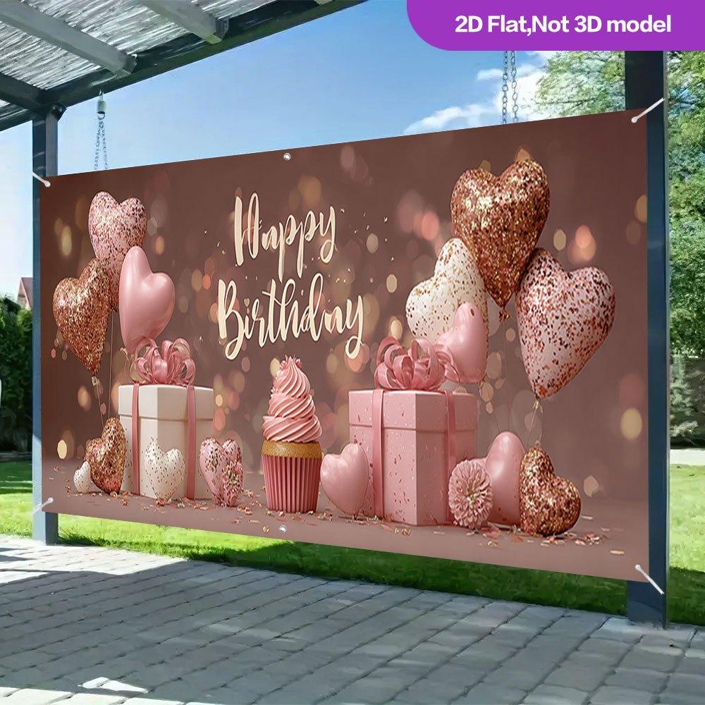 Lovely Birthday Gifts Balloons Banner, Polyester Backyard Party Backdrop