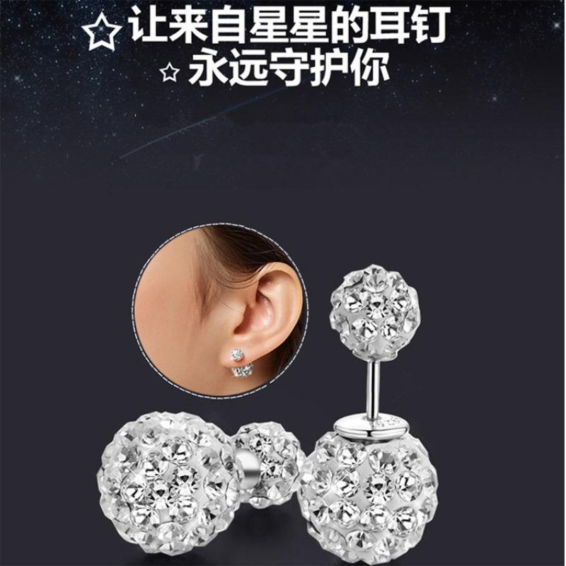 Fashion Korean Style Double Sized Rhinestone Ball 925 Pin Stud Earrings