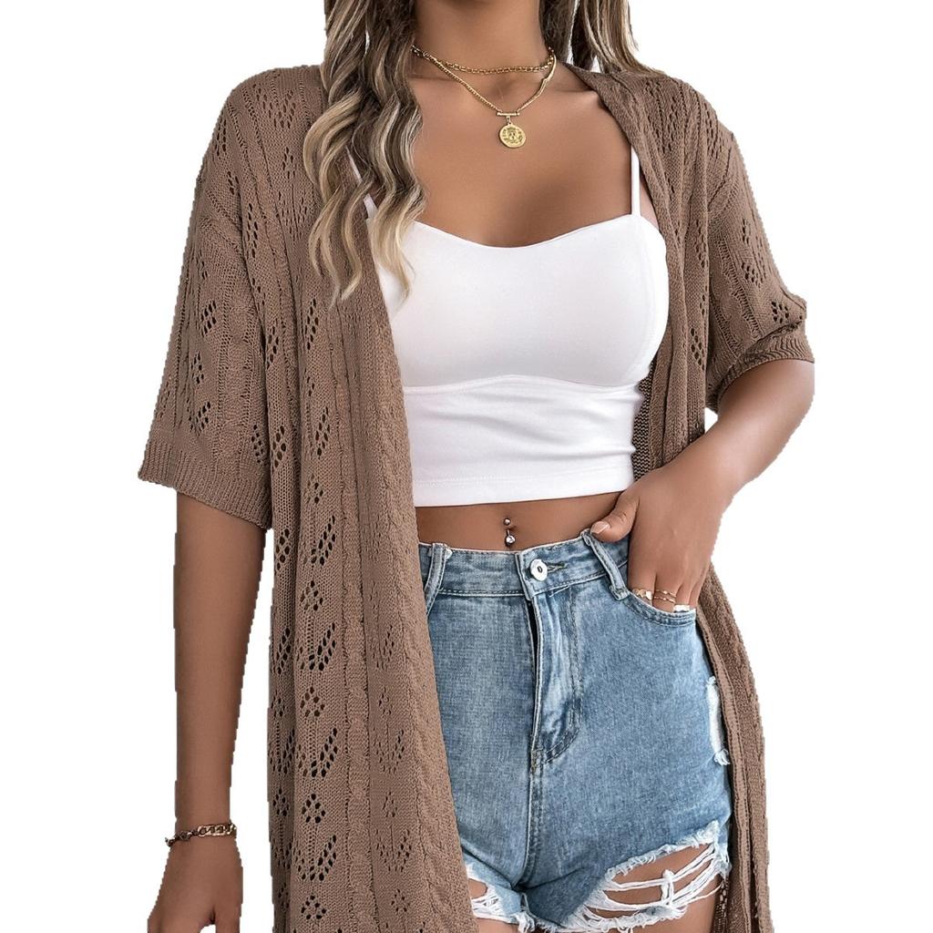 Spring and Summer Cut-out Short-sleeved Knitted Cardigan for Vacation Sun Protection Women's Clothing