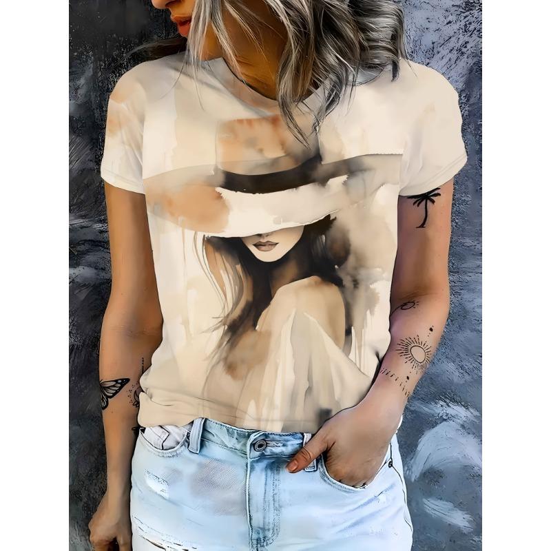 Women s Watercolor Art Hat Women s Printed Short Sleeve T-Shirt Casual Round Neck Fashion Top 4XL