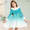 Girls High Neck White Furry Trim Long Sleeve Tropical Leaf Printed Black A Line Flared Dress