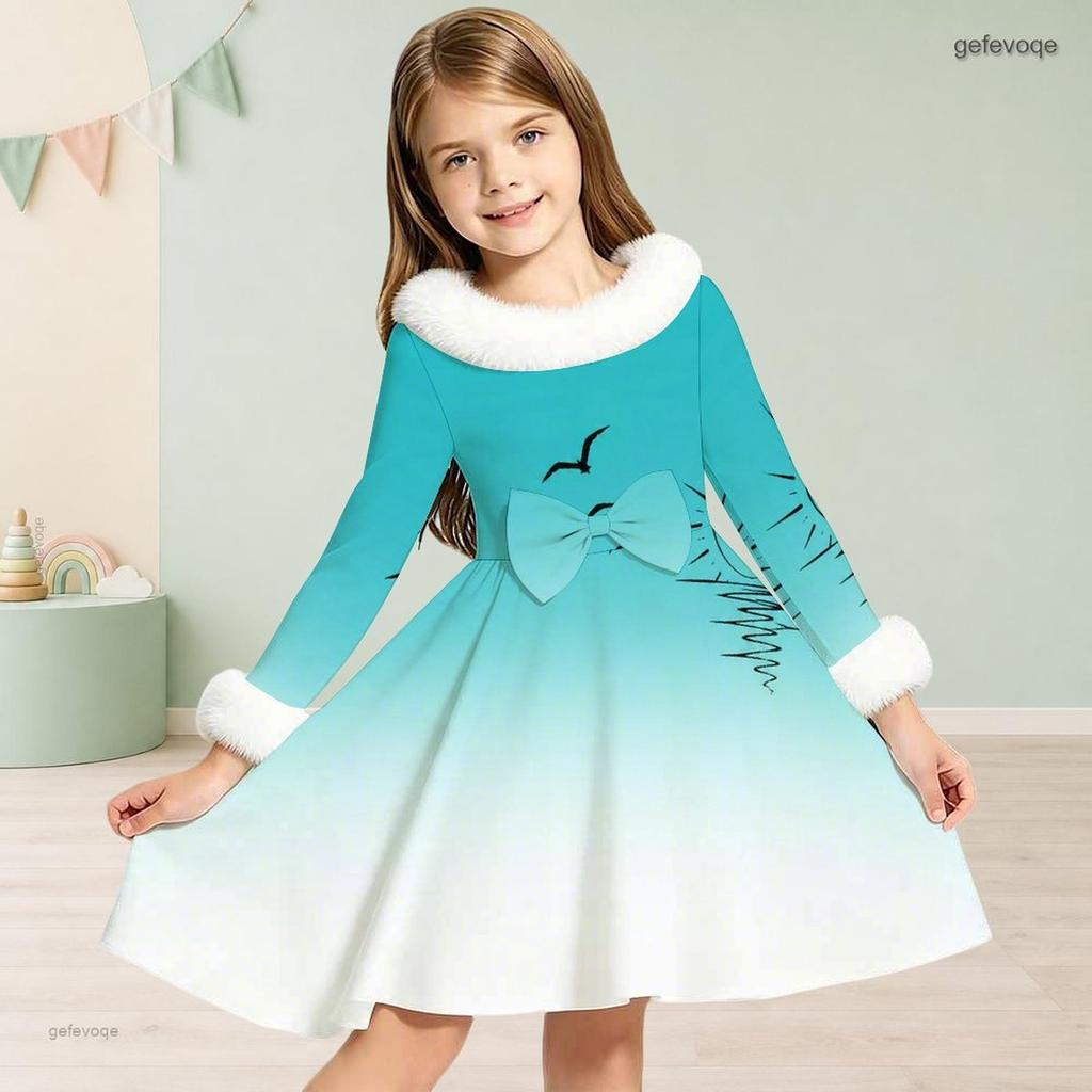 Girls High Neck White Furry Trim Long Sleeve Tropical Leaf Printed Black A Line Flared Dress
