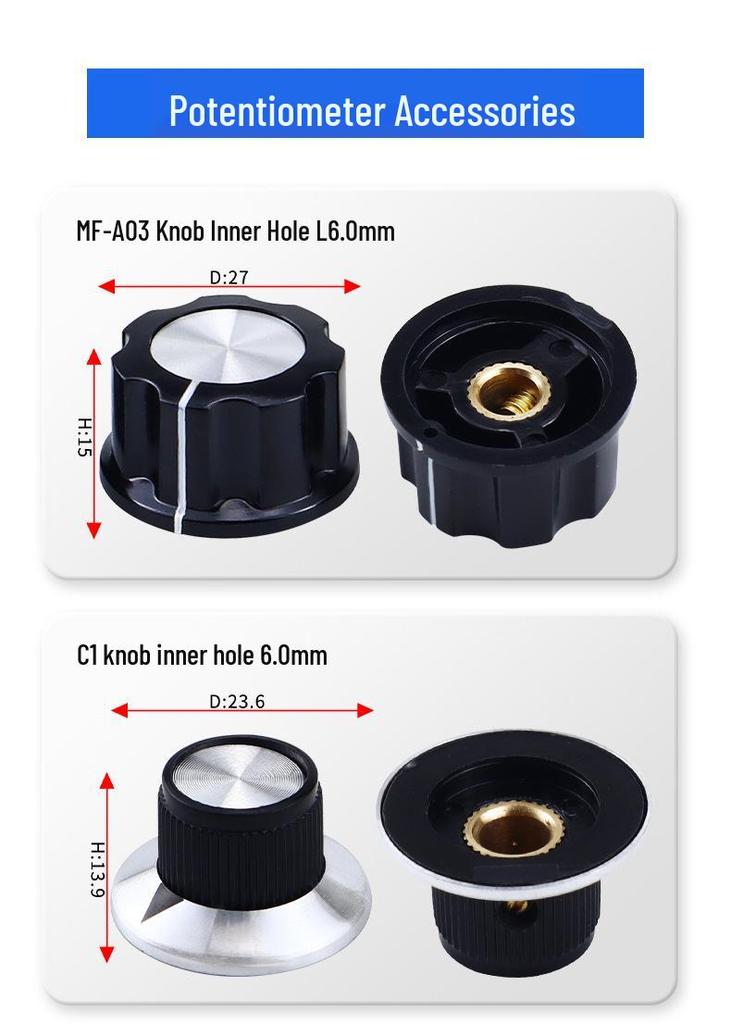 Dual-Gang Carbon Film Potentiometer: RV24YG20S, Variable Frequency Speed Control with B102/202/502 Knob Scale, Available In 5K/20K Ohm.